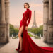 Kde se natáčela Emily in Paris? Úvodní fotografie k článku s hlavní hrdinkou v červených šatech v popředí