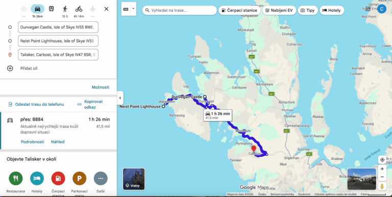 Mapa ostrova Isle of Skye s vyznačením trasy roadtripu, 3. den