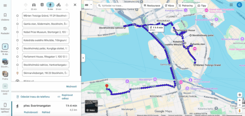 Mapa itineráře pro 1. den ve Stockholmu zobrazující trasu přes Gamla Stan, Královský palác a radnici až na vyhlídku Skinnarviksberget