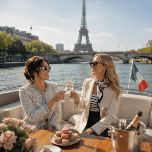 Dvě mladé ženy na lodi při plavbě po Seině - ve stylu Emily in Paris