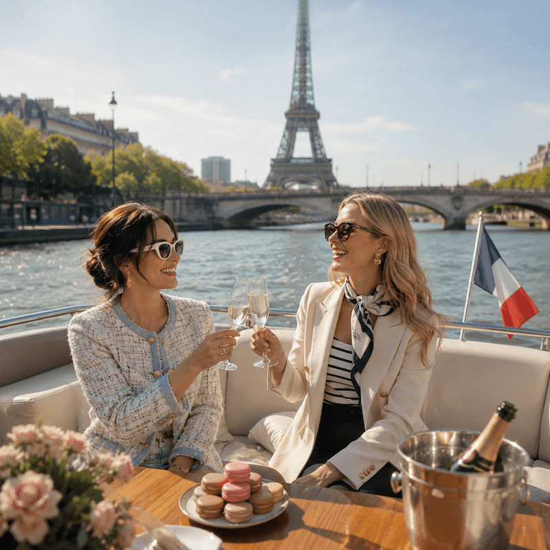 Dvě mladé ženy na lodi při plavbě po Seině - ve stylu Emily in Paris