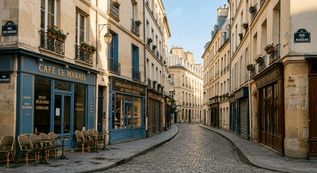 Historická ulička v Paříži ve čtvrti Le Marais. Paříž za 3 dny, itinerář Paříž.