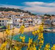 Tradiční bílé domečky v Calella de Palafrugell s výhledem na moře a rozkvetlé žluté keře.